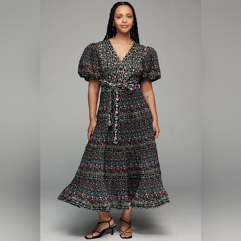 Celiab Celestia Puff-Sleeve V-Neck Midi Dress